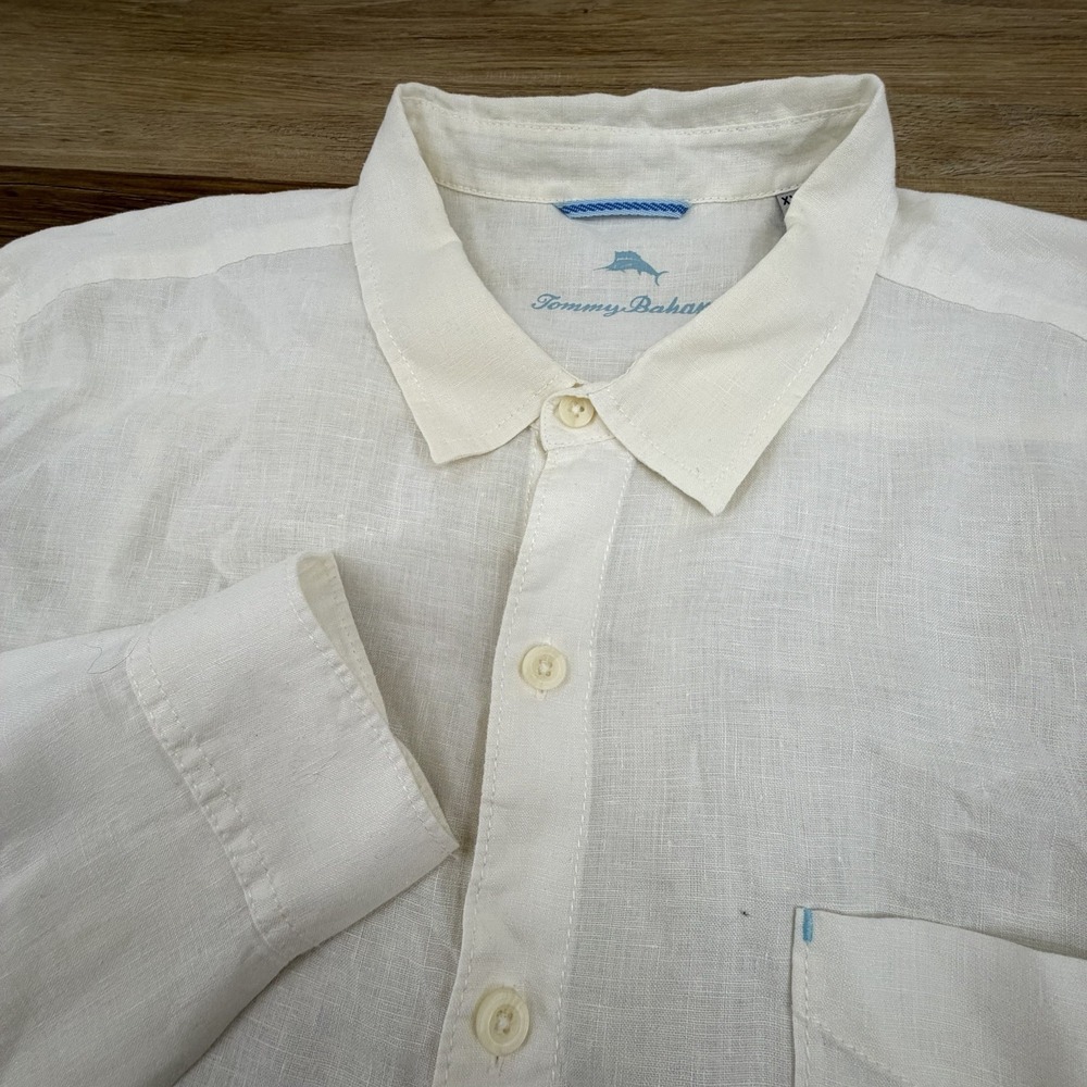 Tommy Bahama Mens XXL Cream 100% Linen Long Sleeve Button Down Shirt Marlin Logo